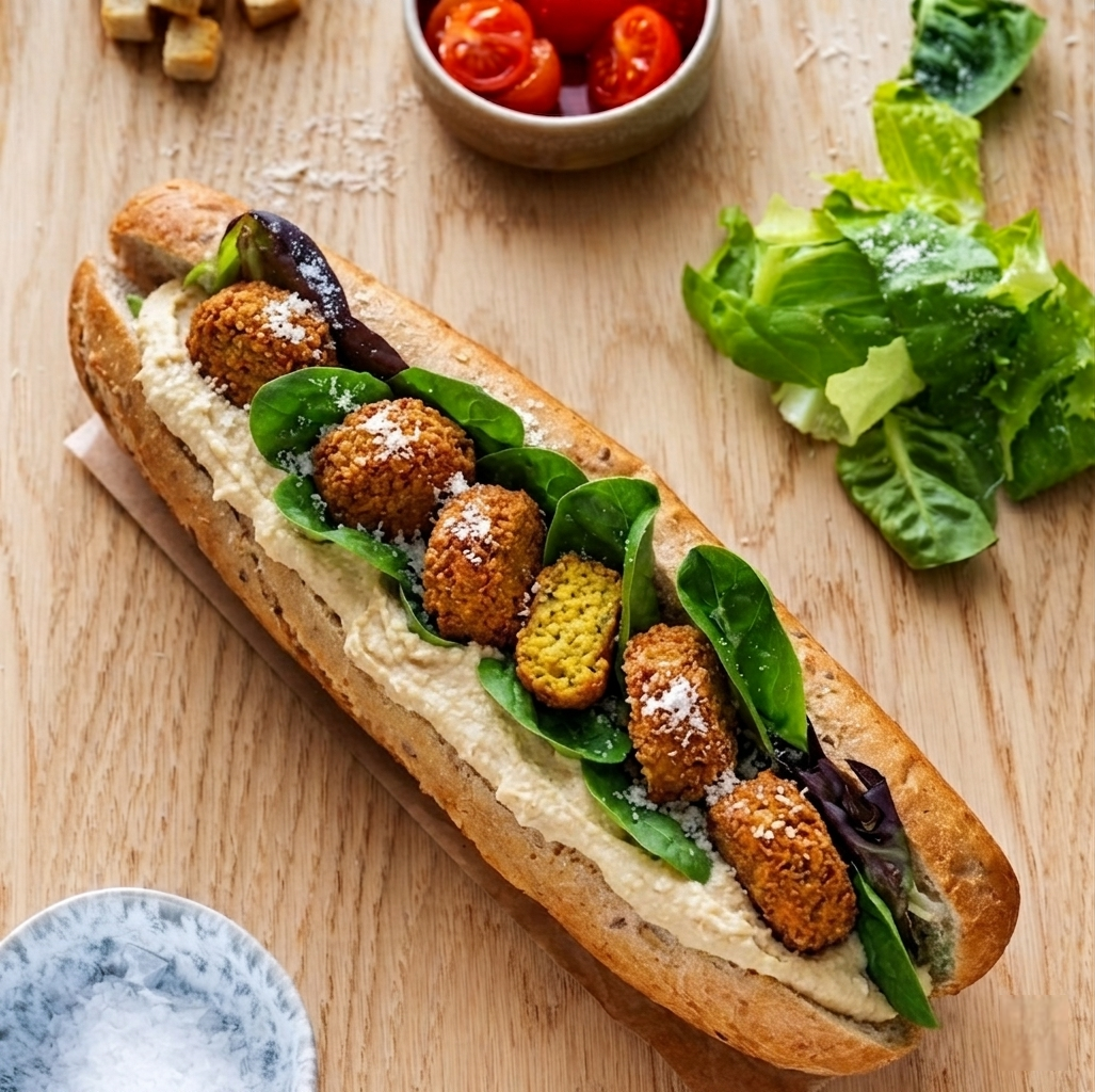 Baguette med falafel og hummus
